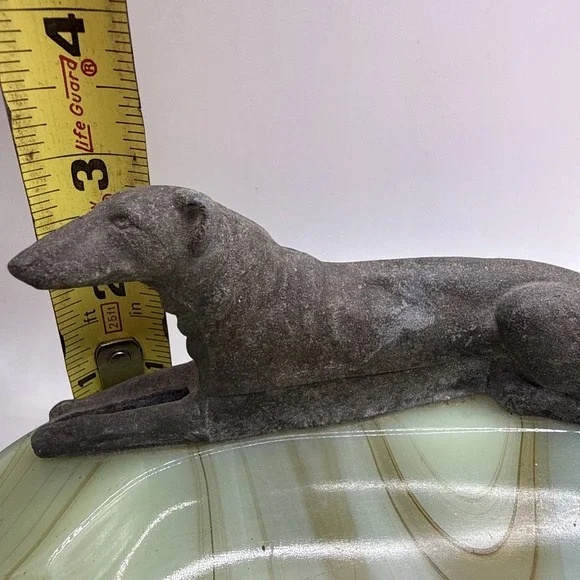 Art Deco Green Slag Uranium Glass Ashtray with Metal Borzoi Dog - 1920s Vintage - Picture 8 of 8